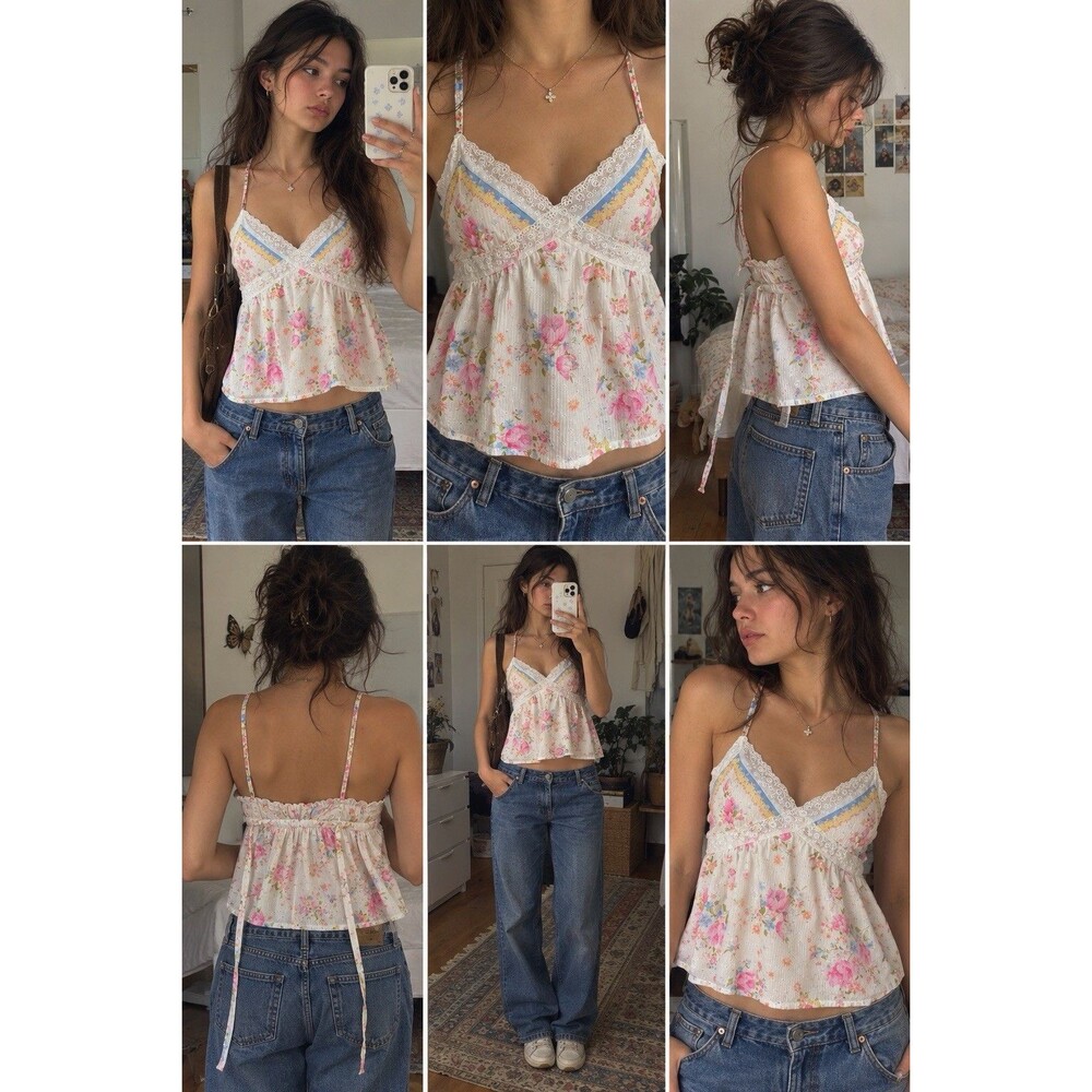 Floral Lace Cami Top Womens L Pink Rose Swiss Dot Cotton Coquette Cottagecore